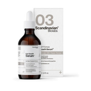 Scandinavian Biolabs Serum za rast kose Žene 100 ml - bočica i kutija proizvoda na bijeloj pozadini.
